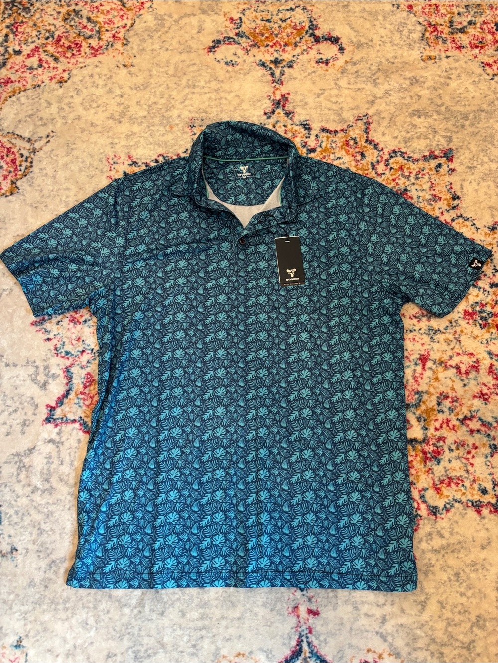 Men's Teal Floral-Print Performance Polo
